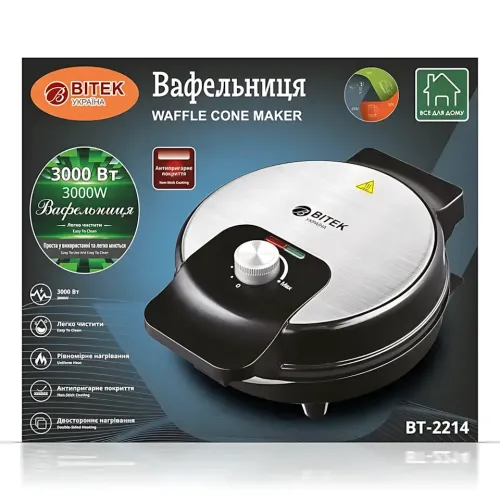 Вафельница электрическая BITEK BT-2214, 3000 Вт, с антипригарным покрытием, световые индикаторы - фото 9