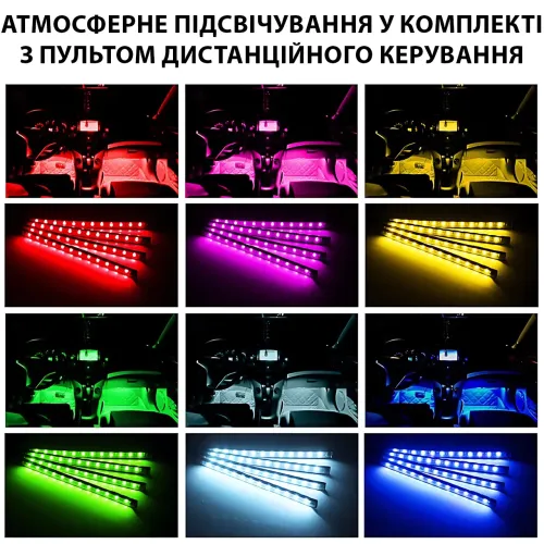 RGB-подсветка в машину под ноги с пультом – 4x22 см, USB, светомузыка, 8 цветов, влагозащита - фото 8