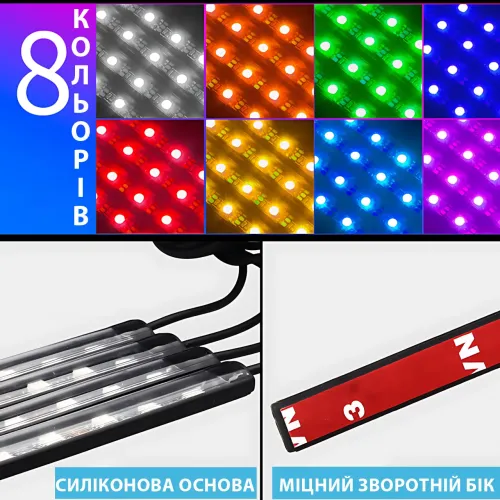 RGB-подсветка в машину под ноги с пультом – 4x22 см, USB, светомузыка, 8 цветов, влагозащита - фото 6
