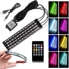 RGB-подсветка в машину под ноги с пультом – 4x22 см, USB, светомузыка, 8 цветов, влагозащита