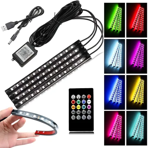 RGB-подсветка в машину под ноги с пультом – 4x22 см, USB, светомузыка, 8 цветов, влагозащита