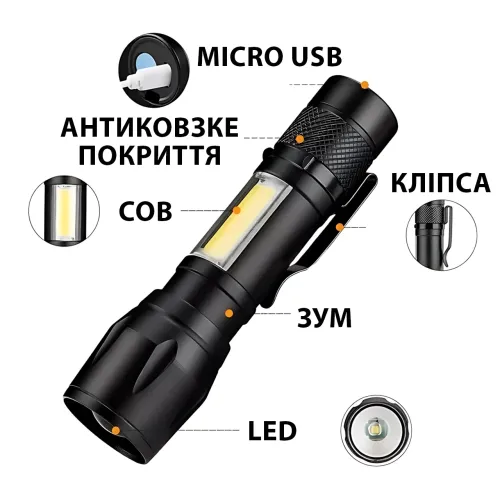 Ручной фонарик BL 513 USB с XPE + COB LED, 500 лм, зумом, встроенным аккумулятором, 3 режимами и влагозащитой - фото 6