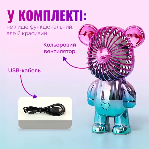 Мини вентилятор Мишка ручной, бесшумный, USB + аккумулятор, 3 скорости, 140×93×63 мм, 200 г Сине-голубой - фото 16