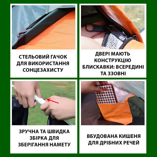Одноместная туристическая палатка 200×100 см, автооткрытие, каркас из стекловолокна, водонепроницаемая - фото 6