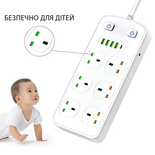 Удлинитель AR CP05: 6 розеток + 4 USB (USB-C), 2500 Вт, 2 м, защита от детей, белый - фото 4