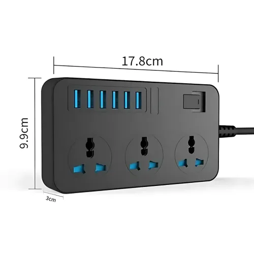 Удлинитель AR CP02 3 розетки + 6 USB, 2 м, 3000 Вт, с защитой и выключателем, чёрный - фото 8