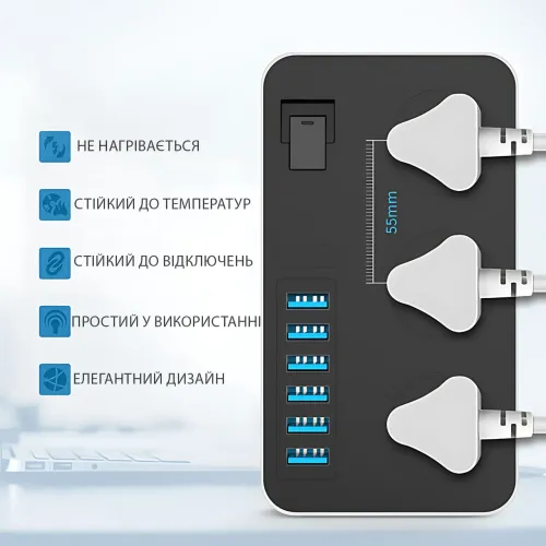 Удлинитель AR CP02 3 розетки + 6 USB, 2 м, 3000 Вт, с защитой и выключателем, чёрный - фото 5