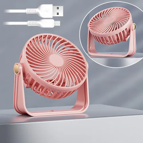 Компактний вентилятор AND1261 настільний/настінний, 3 швидкості, USB, 800 мА·год, тихий 62-70 дБ, 5 Вт, 13×13 см Рожевий