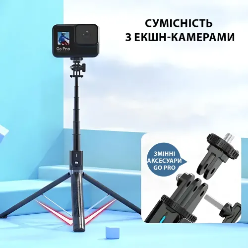 Портативный штатив-селфи-стик P100 AND 5223, 2-в-1, высота 1.77 м, поворот 360°, складной, черный - фото 3