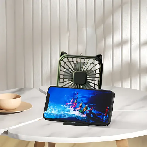 Компактный мини-вентилятор Fan AND064 с USB, 3 скорости, 5 лопастей, 500 мАч,  с подставкой для телефона Зеленый - фото 4