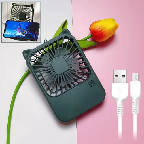 Компактный мини-вентилятор Fan AND064 с USB, 3 скорости, 5 лопастей, 500 мАч,  с подставкой для телефона Зеленый
