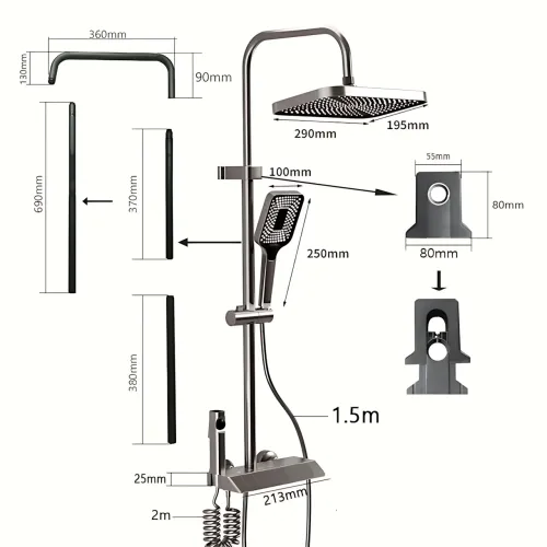 Черный душевой набор 4 в 1 Black Bathroom Shower Set Piano Keys с тропическим душем и ручной лейкой, черный - фото 16
