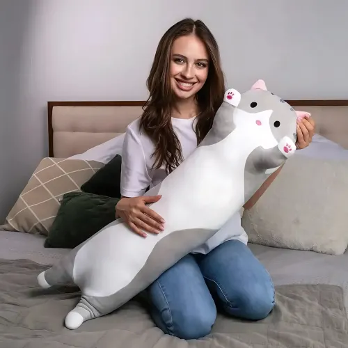 Игрушка подушка Кот Батон, плюшевая антистресс обнимашка DOLL 1498 на молнии, серый/рыжий - фото 16