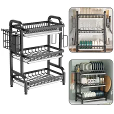 Сушка для посуды 3‑уровня Bowl Rack, настольная/над мойкой, сталь + пластик, сток для воды
