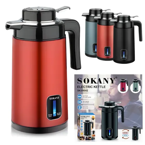 Электрический чайник-термочайник Sokany SK-09042 2 л, 1500 Вт, двойные стенки, из нержавеющей стали SUS316 Красный