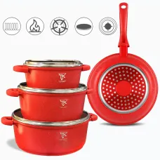 Набор посуды Top Kitchen TK00076, 7 предметов — кастрюли с мраморным антипригарным покрытием, алюминий, стекло Красный