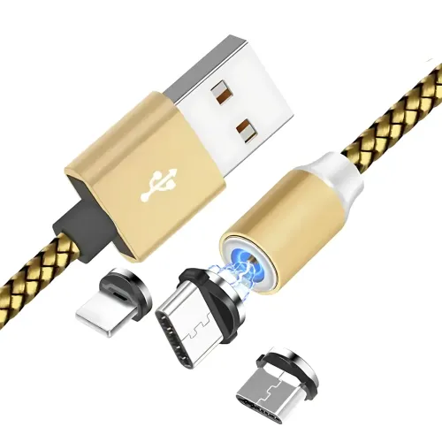 Магнітний кабель 3в1 X-Cable Magnetic М3 Lightning/MicroUSB/Type-C, 1 м, 2A, в обплетенні, золотистий - фото 2