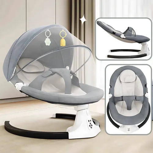 Детская колыбель-качалка электрическая WX-088, с музыкой, Bluetooth, регулировкой спинки, таймером, москитной сеткой, серый