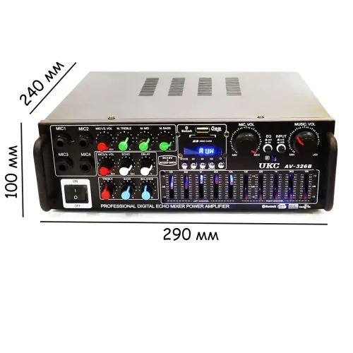 Усилитель звука AMP-326BT 300 Вт с Bluetooth, FM-радио, USB, SD, караоке, эквалайзером и пультом, стерео аудиоусилитель 2×150 Вт - фото 7