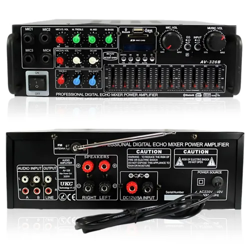 Усилитель звука AMP-326BT 300 Вт с Bluetooth, FM-радио, USB, SD, караоке, эквалайзером и пультом, стерео аудиоусилитель 2×150 Вт