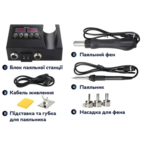 Электрическая паяльная станция MA650, 2 в 1, 60 Вт, фен + паяльник, цифровой дисплей, температура 100–500°C, с насадками - фото 10