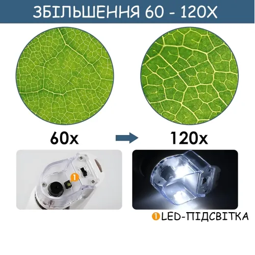 Детский портативный микроскоп Outdoor MA657 — 60–120X, LED-подсветка, карманный детский микроскоп, белый - фото 7