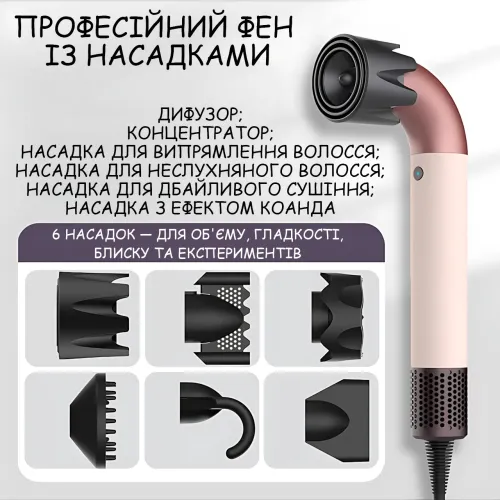 Фен  для волос HD-20, 1600 Вт, 6 насадок, ионизация и холодный обдув, профессиональный фен с эффектом Коанда, белый - фото 8