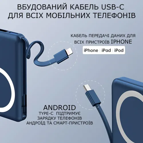 Power Bank Yiisonger KT-D011 10000 mAh, 22.5 Вт, магнитный, беспроводная зарядка 15 Вт, встроенные кабели, цифровой дисплей, синий - фото 5