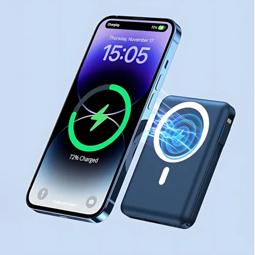 Power Bank Yiisonger KT-D011 10000 mAh, 22.5 Вт, магнитный, беспроводная зарядка 15 Вт, встроенные кабели, цифровой дисплей, синий - фото 2