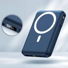 Power Bank Yiisonger KT-D011 10000 mAh, 22.5 Вт, магнитный, беспроводная зарядка 15 Вт, встроенные кабели, цифровой дисплей, синий