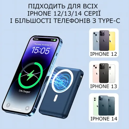 Power Bank Yiisonger KT-D011 10000 mAh, 22.5 Вт, магнитный, беспроводная зарядка 15 Вт, встроенные кабели, цифровой дисплей, синий Черный - фото 9