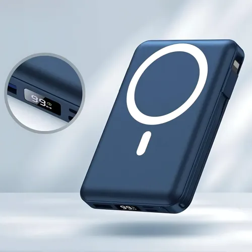 Power Bank Yiisonger KT-D011 10000 mAh, 22.5 Вт, магнитный, беспроводная зарядка 15 Вт, встроенные кабели, цифровой дисплей, синий Фиолетовый - фото 5