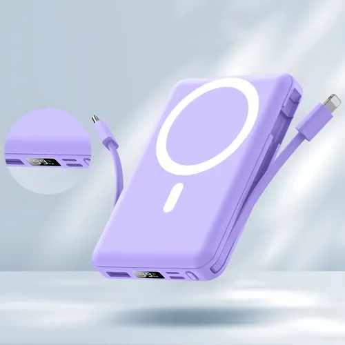 Power Bank Yiisonger KT-D011 10000 mAh, 22.5 Вт, магнитный, беспроводная зарядка 15 Вт, встроенные кабели, цифровой дисплей, синий Фиолетовый