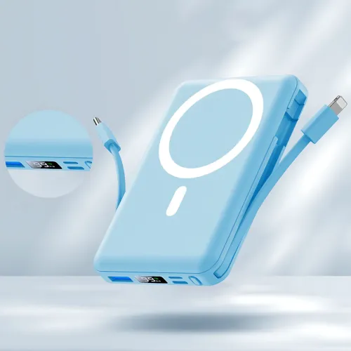 Power Bank Yiisonger KT-D011 10000 mAh, 22.5 Вт, магнитный, беспроводная зарядка 15 Вт, встроенные кабели, цифровой дисплей, синий Голубой