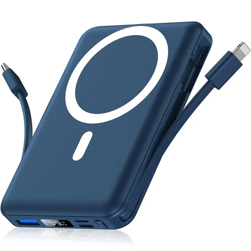 Power Bank Yiisonger KT-D011 10000 mAh, 22.5 Вт, магнитный, беспроводная зарядка 15 Вт, встроенные кабели, цифровой дисплей, синий Серый - фото 2