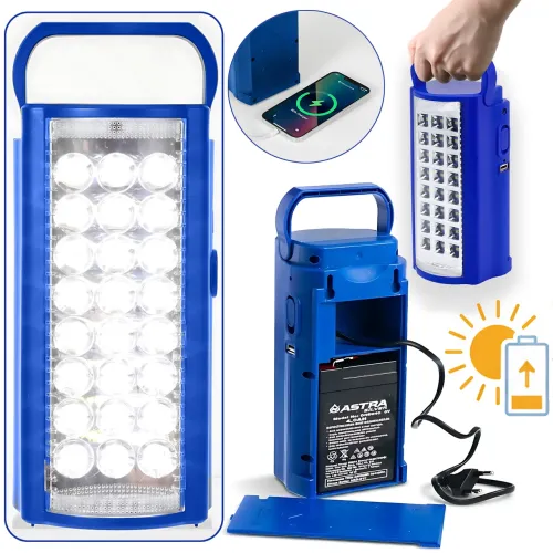 Аккумуляторный светодиодный фонарь Astra Silver RD-24, 24 LED, 80 Вт, 6V/4000 mAh, USB, SOLAR, 220В, синий