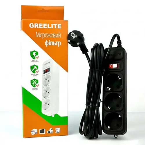 Сетевой фильтр GRELITE SP3, удлинитель на 3 розетки с выключателем, 1.8 м, 2500 Вт, заземление, защита от перенапряжения, черный - фото 7
