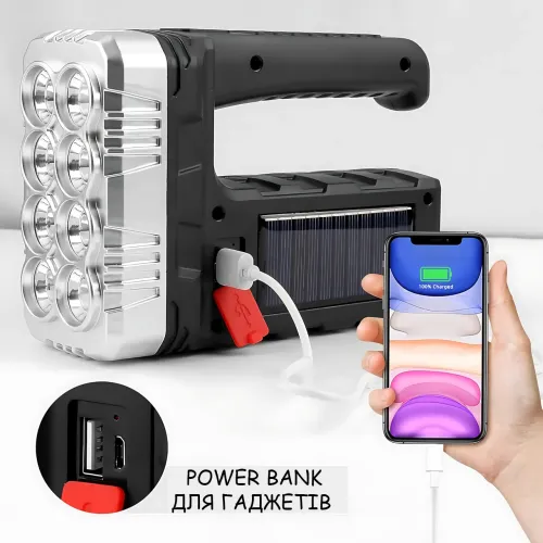 Фонарик аккумуляторный 7701A-COB на солнечной батарее, XPE + COB LED, 3 режима, Power Bank, USB / 220 В - фото 6