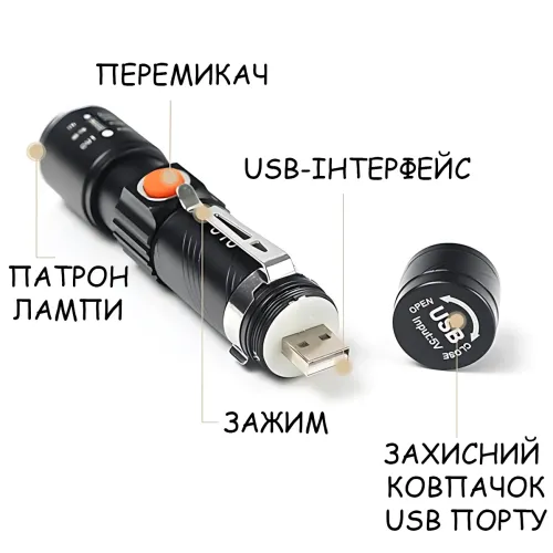 Аккумуляторный LED фонарь Bailong BL-616-T6, XM-L T6, 500 лм, 3 режима, USB-зарядка, влагозащищённый, металлический корпус, клипса - фото 4