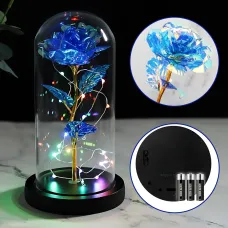 Нічник «Вічна троянда» AT-05MG у скляній колбі, LED-підсвітка, від батарейок AAA, 15 см, блакитний