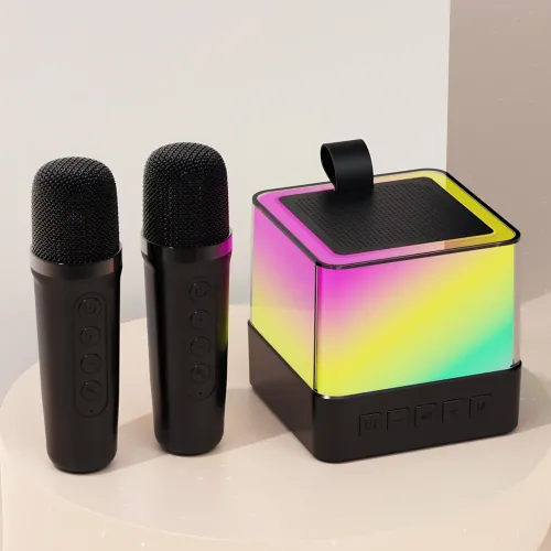 Портативная Bluetooth колонка K18 с караоке RGB-подсветка, LED-дисплей, 2 беспроводных микрофона, USB/AUX, встроенный аккумулятор - фото 3