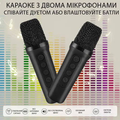Портативная Bluetooth колонка K18 с караоке RGB-подсветка, LED-дисплей, 2 беспроводных микрофона, USB/AUX, встроенный аккумулятор - фото 5