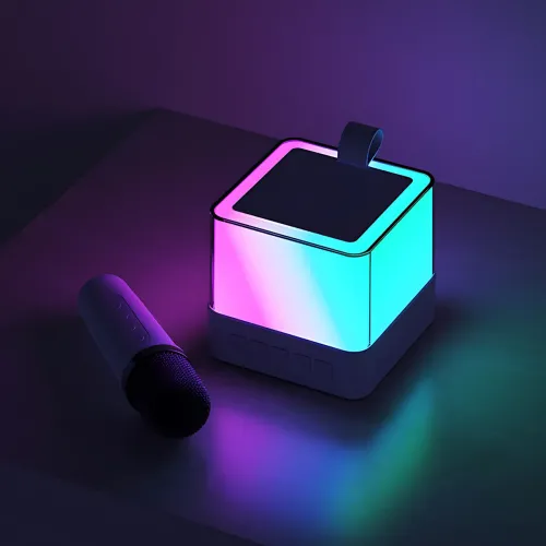 Портативная Bluetooth колонка K18 с караоке RGB-подсветка, LED-дисплей, 2 беспроводных микрофона, USB/AUX, встроенный аккумулятор Белый - фото 5