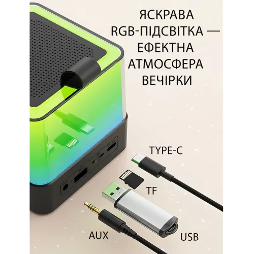 Портативная Bluetooth колонка K18 с караоке RGB-подсветка, LED-дисплей, 2 беспроводных микрофона, USB/AUX, встроенный аккумулятор Белый - фото 8
