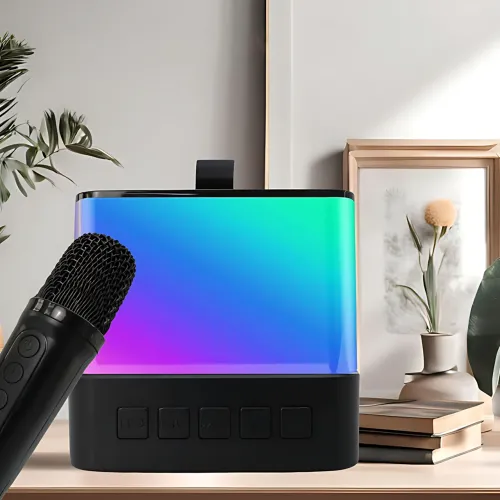 Портативная Bluetooth колонка K18 с караоке RGB-подсветка, LED-дисплей, 2 беспроводных микрофона, USB/AUX, встроенный аккумулятор Белый - фото 4