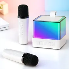 Портативная Bluetooth колонка K18 с караоке RGB-подсветка, LED-дисплей, 2 беспроводных микрофона, USB/AUX, встроенный аккумулятор Белый