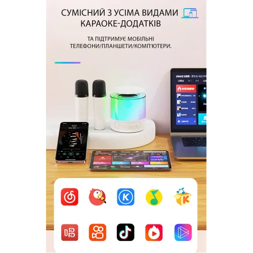 Портативна караоке-система K19 з 2 бездротовими мікрофонами, Bluetooth 5.3, RGB LED-підсвітка, USB/TF/AUX, 6 Вт, акумулятор - фото 3