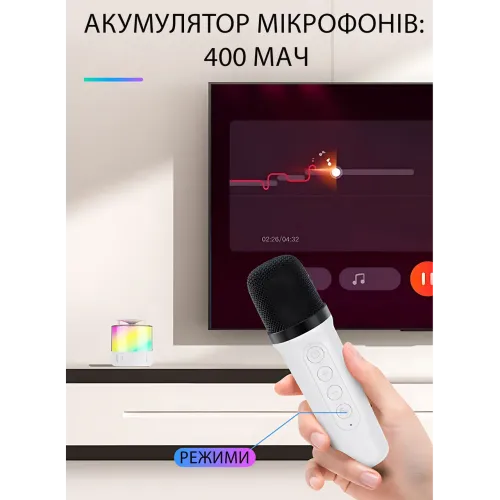 Портативна караоке-система K19 з 2 бездротовими мікрофонами, Bluetooth 5.3, RGB LED-підсвітка, USB/TF/AUX, 6 Вт, акумулятор - фото 5