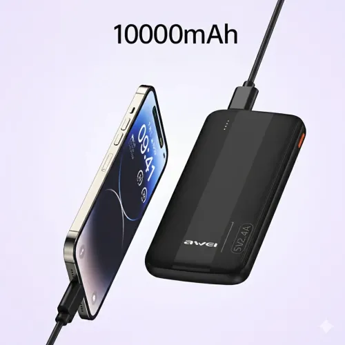 Повербанк AWEI P20K 10000mAh 2.4A, портативный аккумулятор с 2×USB, Type-C, LED-индикатор, черный - фото 2