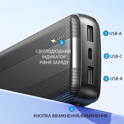 Повербанк AWEI P20K 10000mAh 2.4A, портативный аккумулятор с 2×USB, Type-C, LED-индикатор, черный - фото 5
